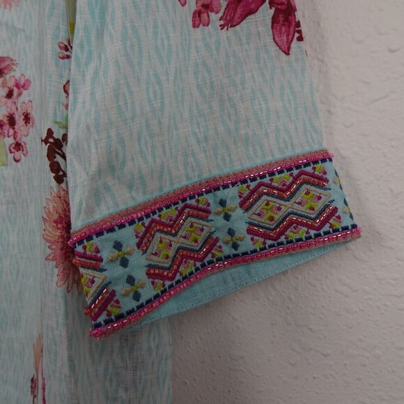 John Mark Embroidered & Beaded Tunic Top Women's Size M Blue Floral - Picture 4 of 10
